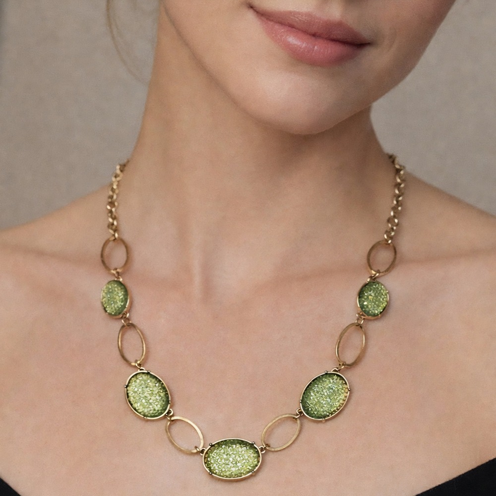 Chartreuse Green Faux Druzy Statement Station Necklace 27"‎ Gold Tone Open Work